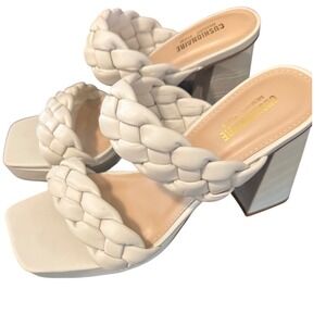 Cushionaire Aurora White Braided Strap Block Heel Square Toe Slip On Sandals‎